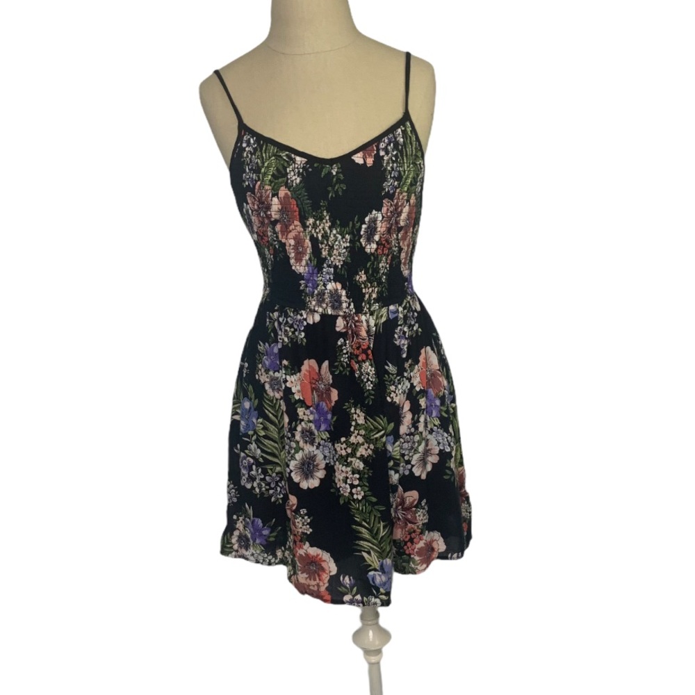 Band of gypsies black floral smocked dress XS